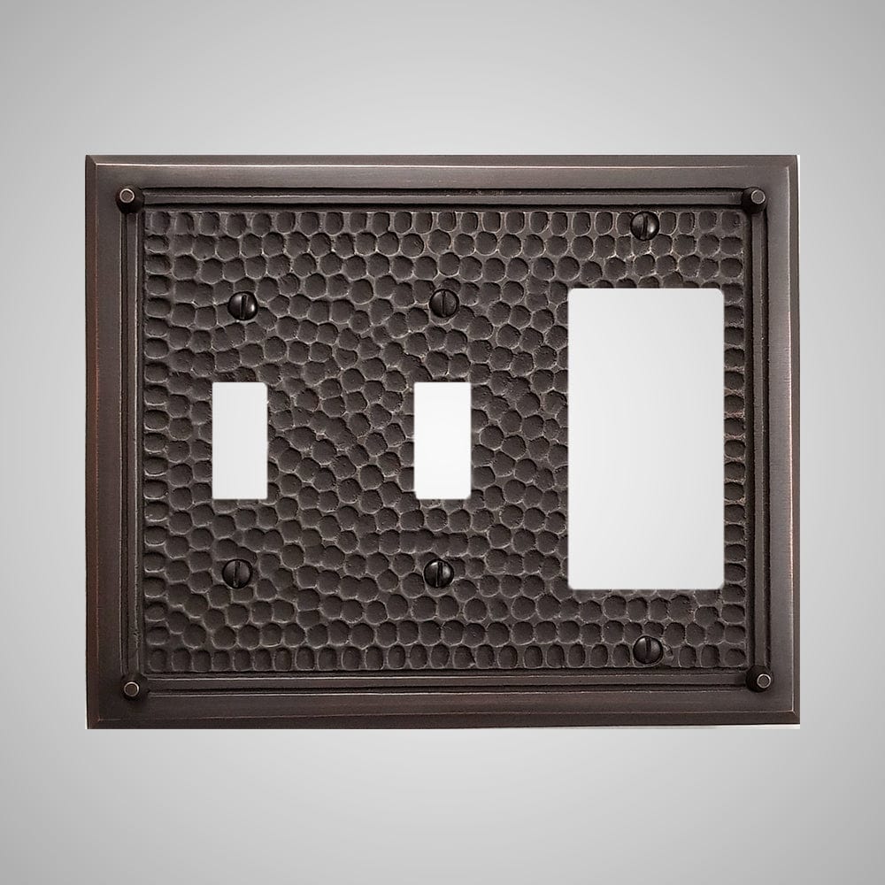 2 Toggle, 1 Rocker Wall Switch Plate - Framed Hammered Design