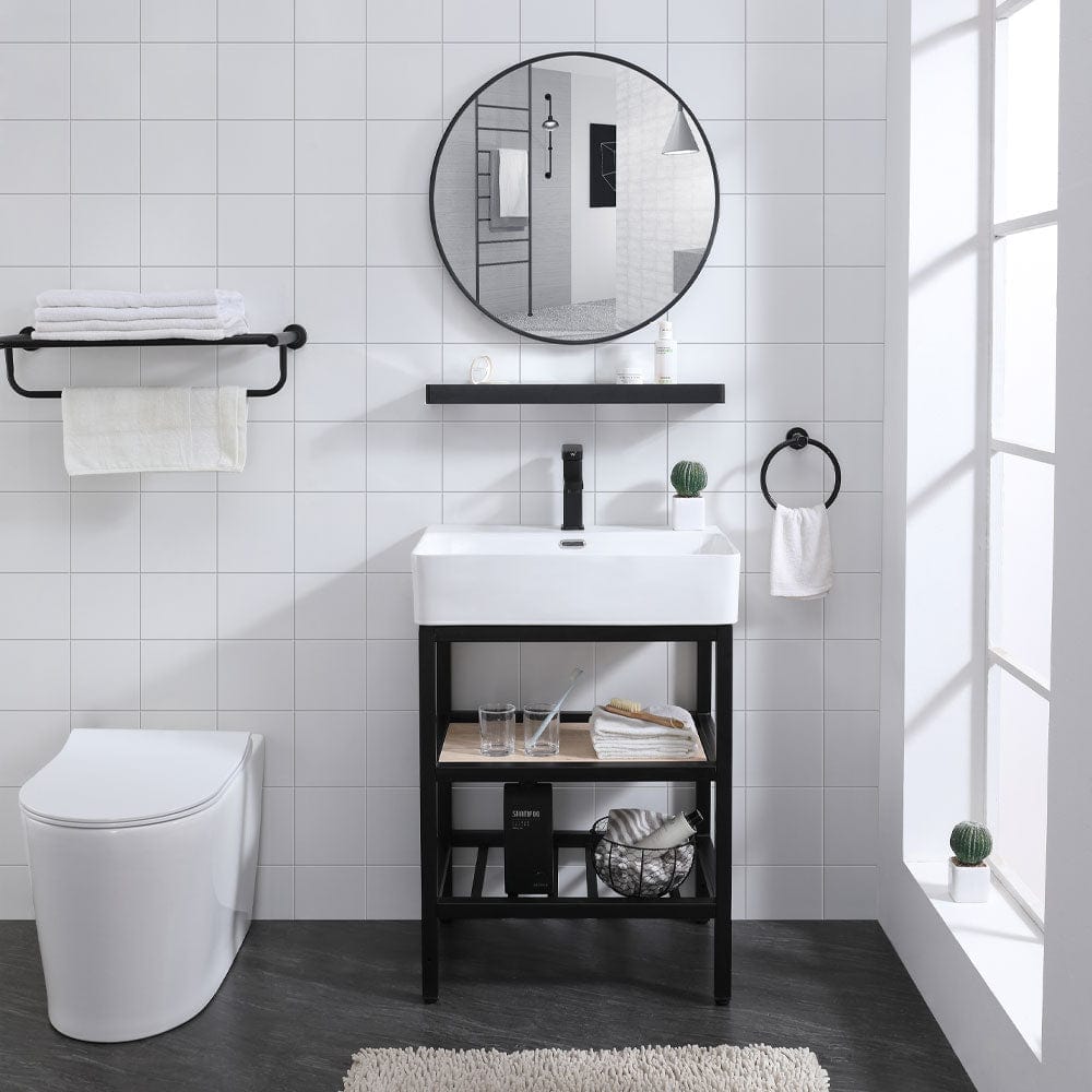 24" Walster Vitreous China Console Sink with Black Powdercoat Steel Stand and Shelves