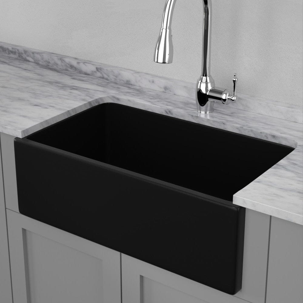 30" Bepster Handcrafted Fireclay Single-Bowl Smooth Farmhouse B-Grade Sink with Offset Drain- Matte Black