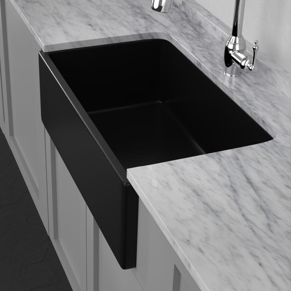 30" Bepster Handcrafted Fireclay Single-Bowl Smooth Farmhouse B-Grade Sink with Offset Drain- Matte Black