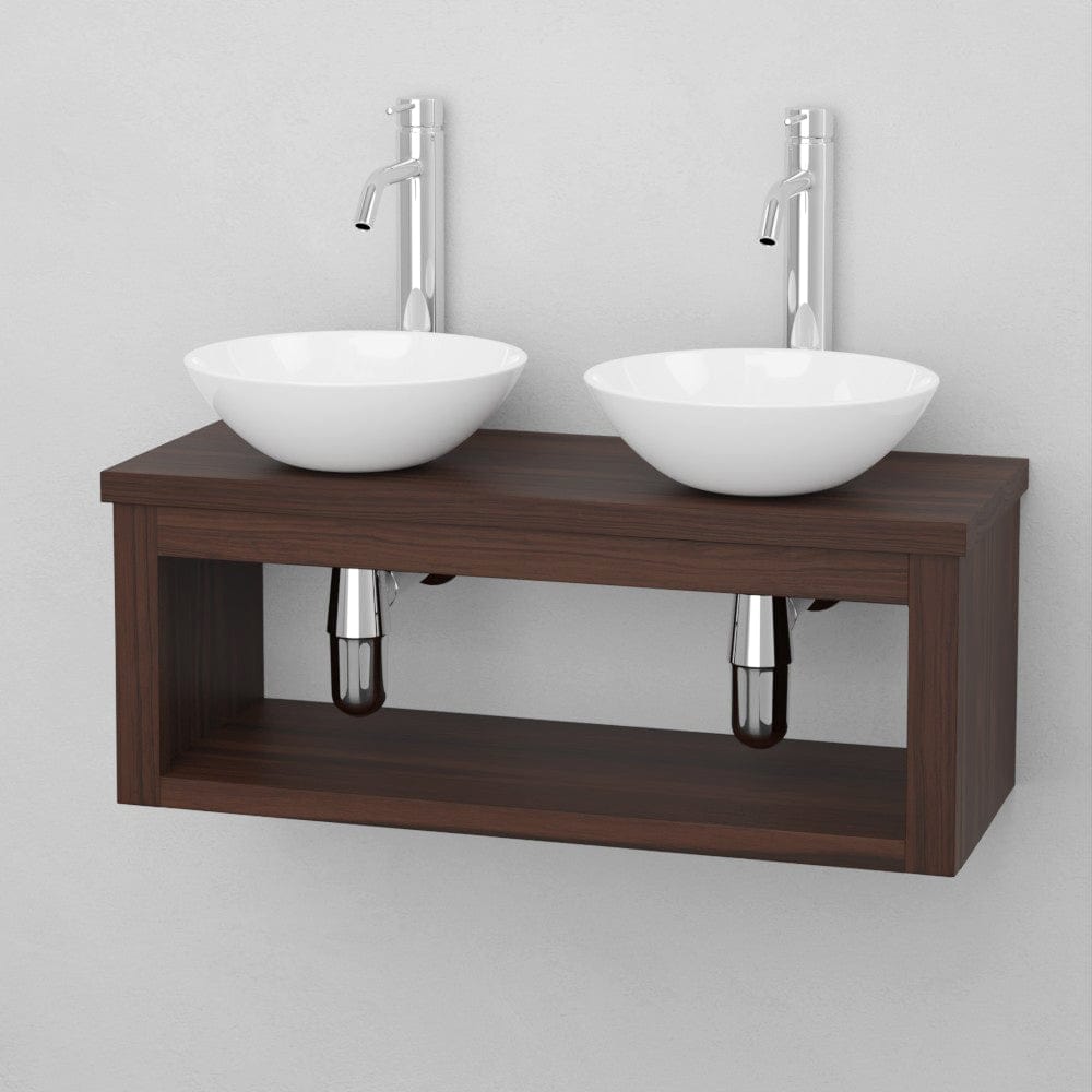 30" Thanesta Teak Wall-Mount Double Vessel Sink Vanity with Shelf - Dark Antique