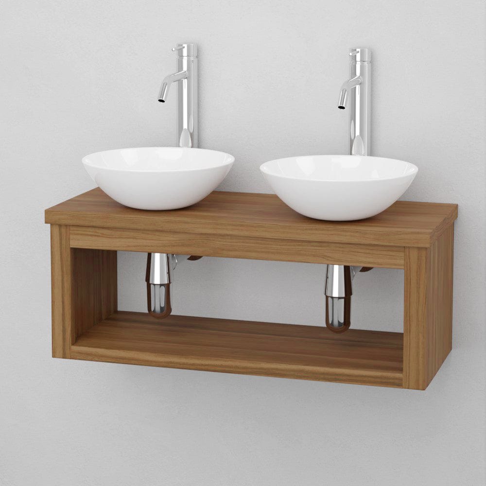 30" Thanesta Teak Wall-Mount Double Vessel Sink Vanity with Shelf - Natural Teak