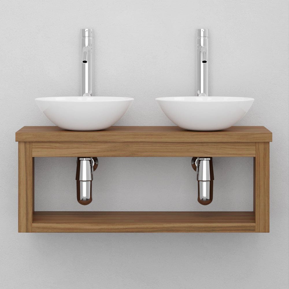 30" Thanesta Teak Wall-Mount Double Vessel Sink Vanity with Shelf - Natural Teak