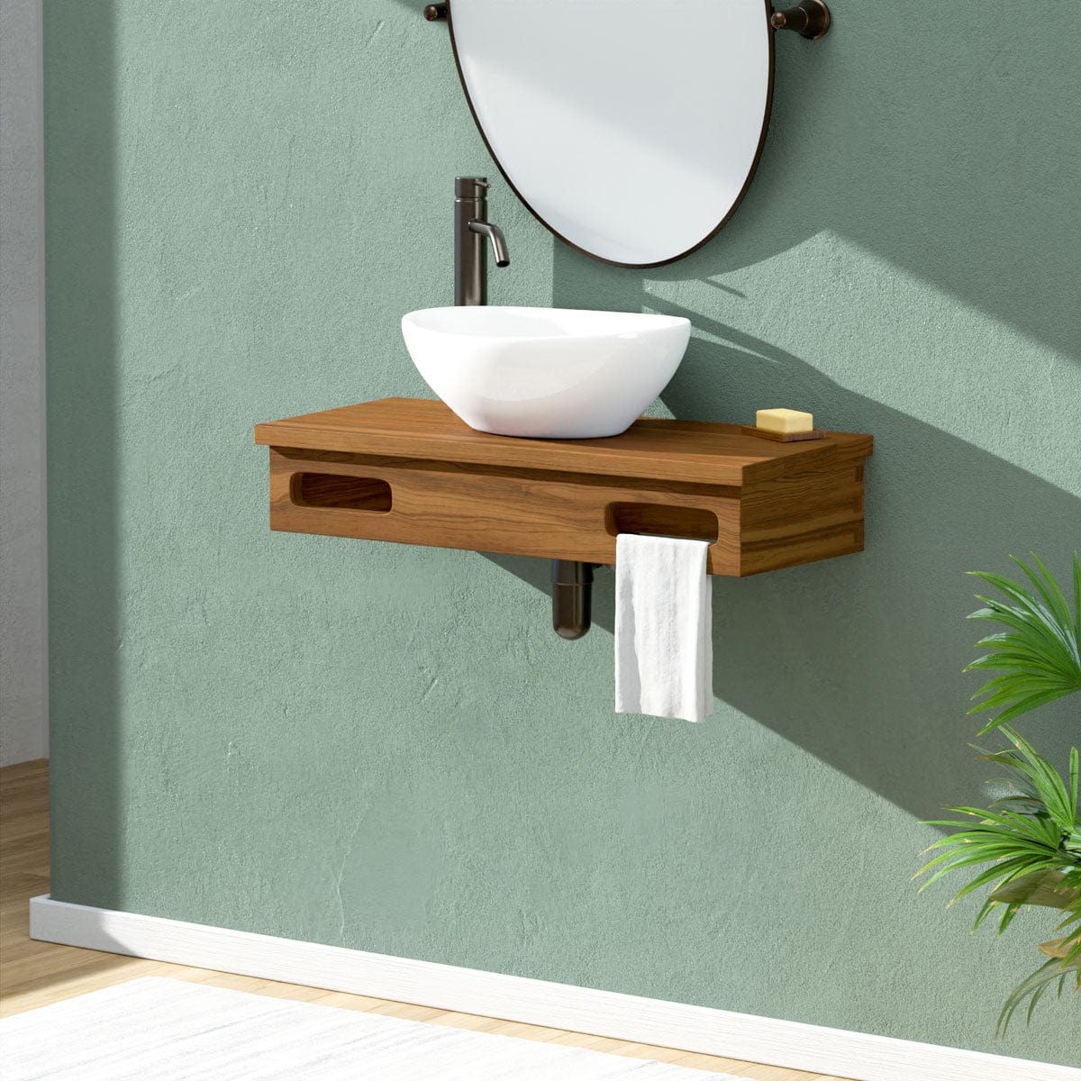 30" Thaxton Teak Wall-Mount Vessel Vanity with Double Towel Bars - Natural Teak