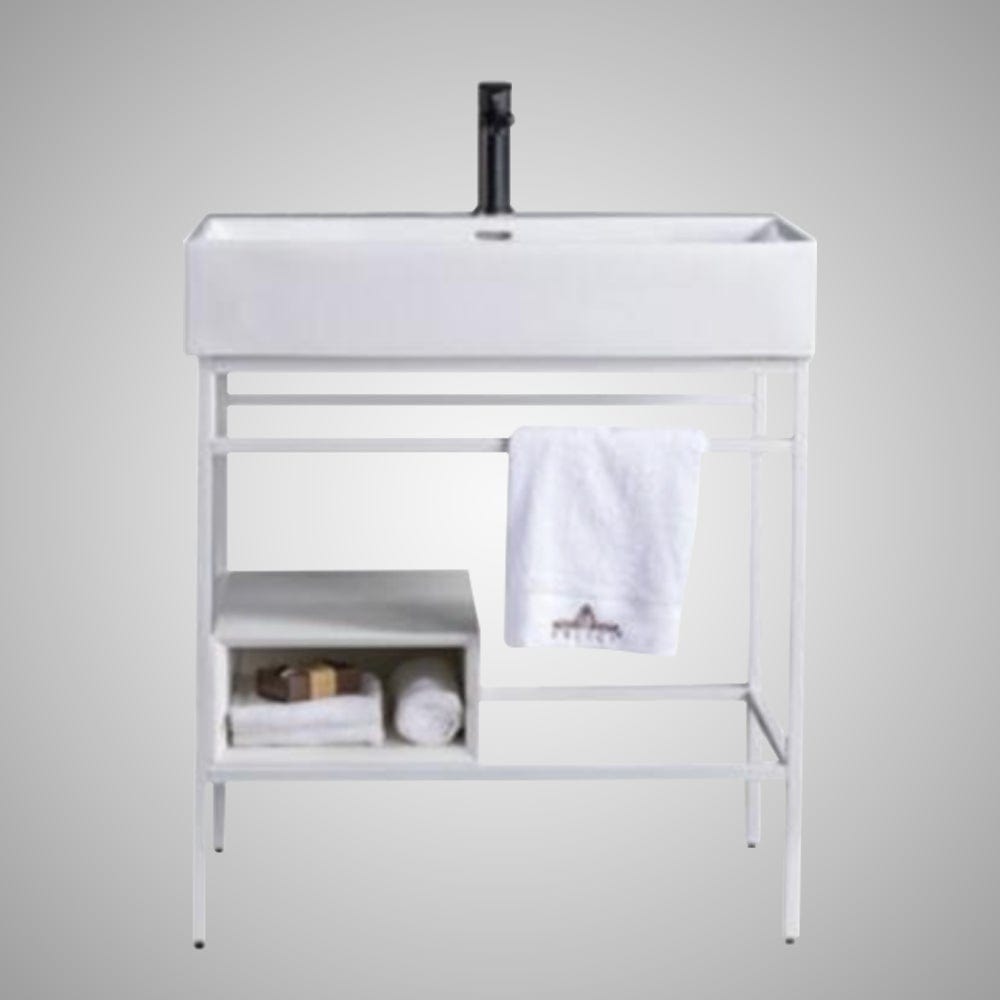30" Varagroso Vitreous China Console Bathroom Sink with White Powdercoat Steel Stand