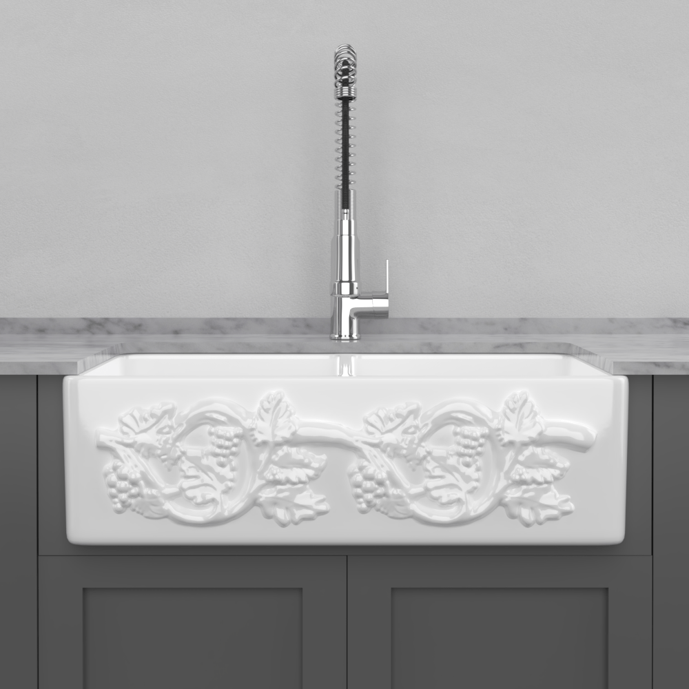 33" Ulan Handcrafted Fireclay Double-Bowl Vine Apron Farmhouse B-Grade Sink - White
