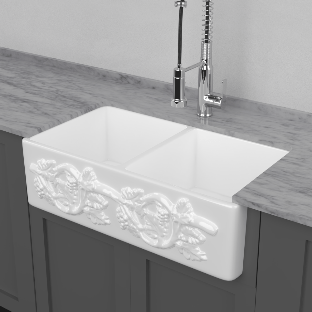 33" Ulan Handcrafted Fireclay Double-Bowl Vine Apron Farmhouse B-Grade Sink - White
