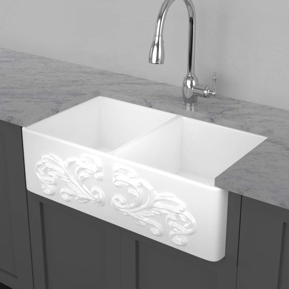 33" Una Handcrafted Fireclay Double-Bowl Foliage Apron Farmhouse B-Grade Sink - White