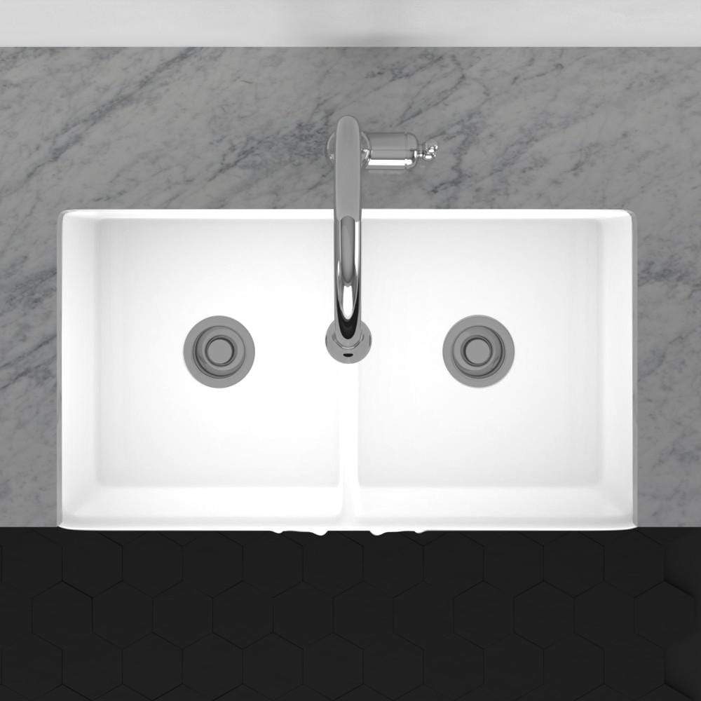 33" Una Handcrafted Fireclay Double-Bowl Foliage Apron Farmhouse B-Grade Sink - White