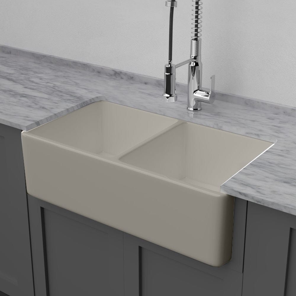 33" Vala Handcrafted Fireclay Double-Bowl Smooth Apron Farmhouse Sink - Matte Gray