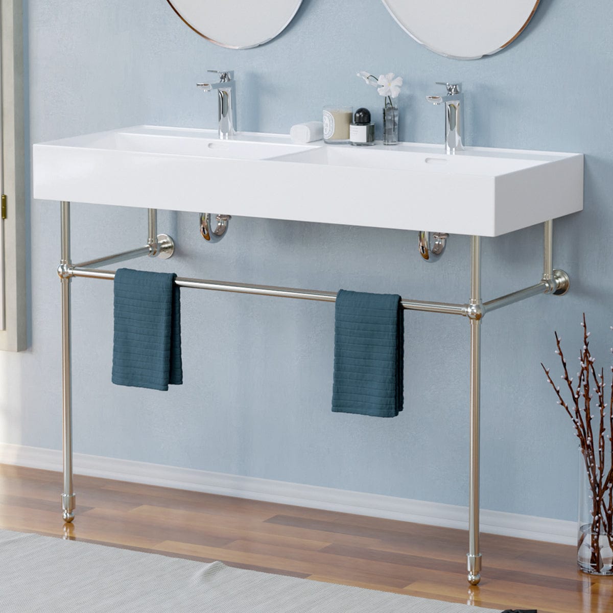 48" Wanchen Fireclay Double-Bowl Console Bathroom Sink with Steel Stand