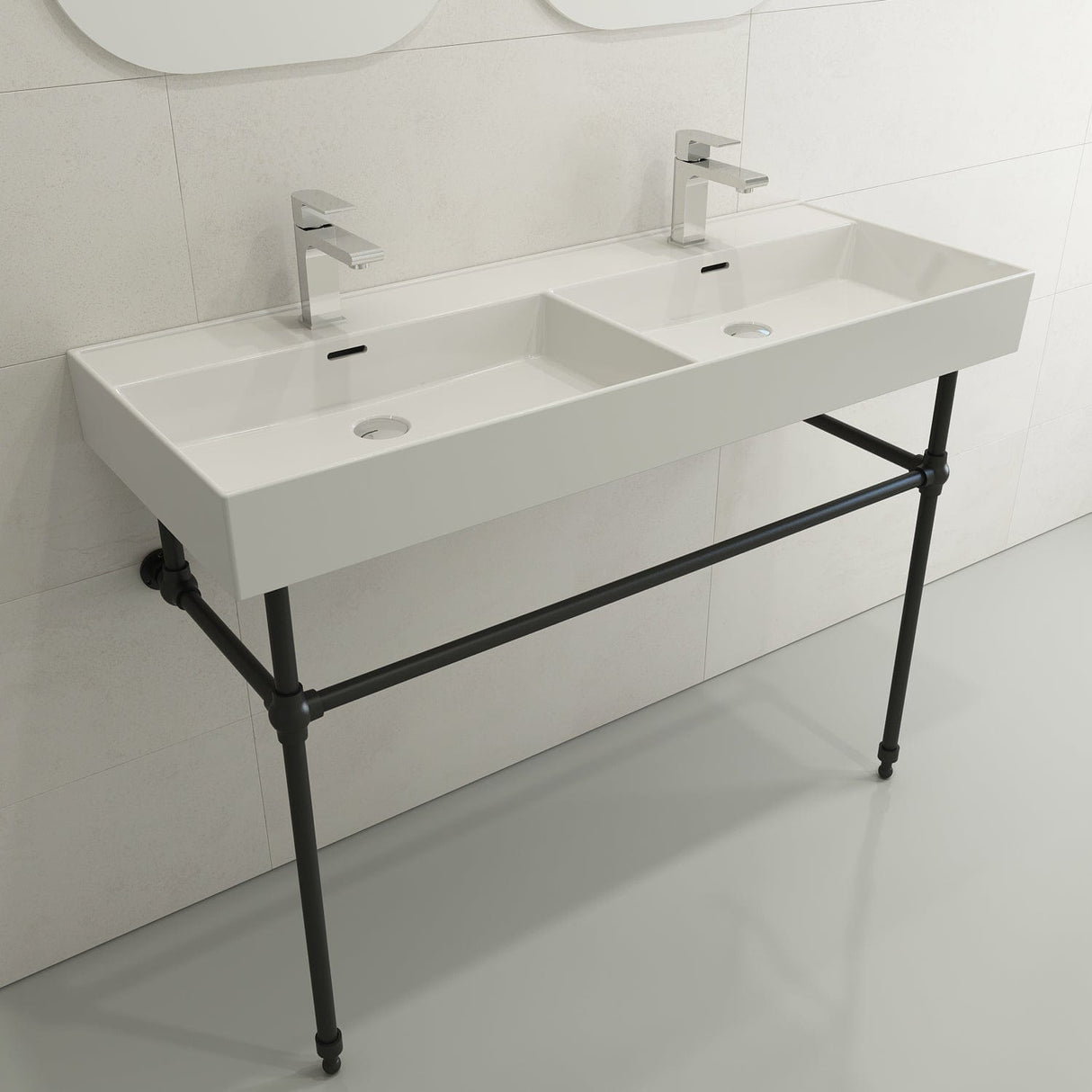 48" Wanchen Fireclay Double-Bowl Console Bathroom Sink with Steel Stand