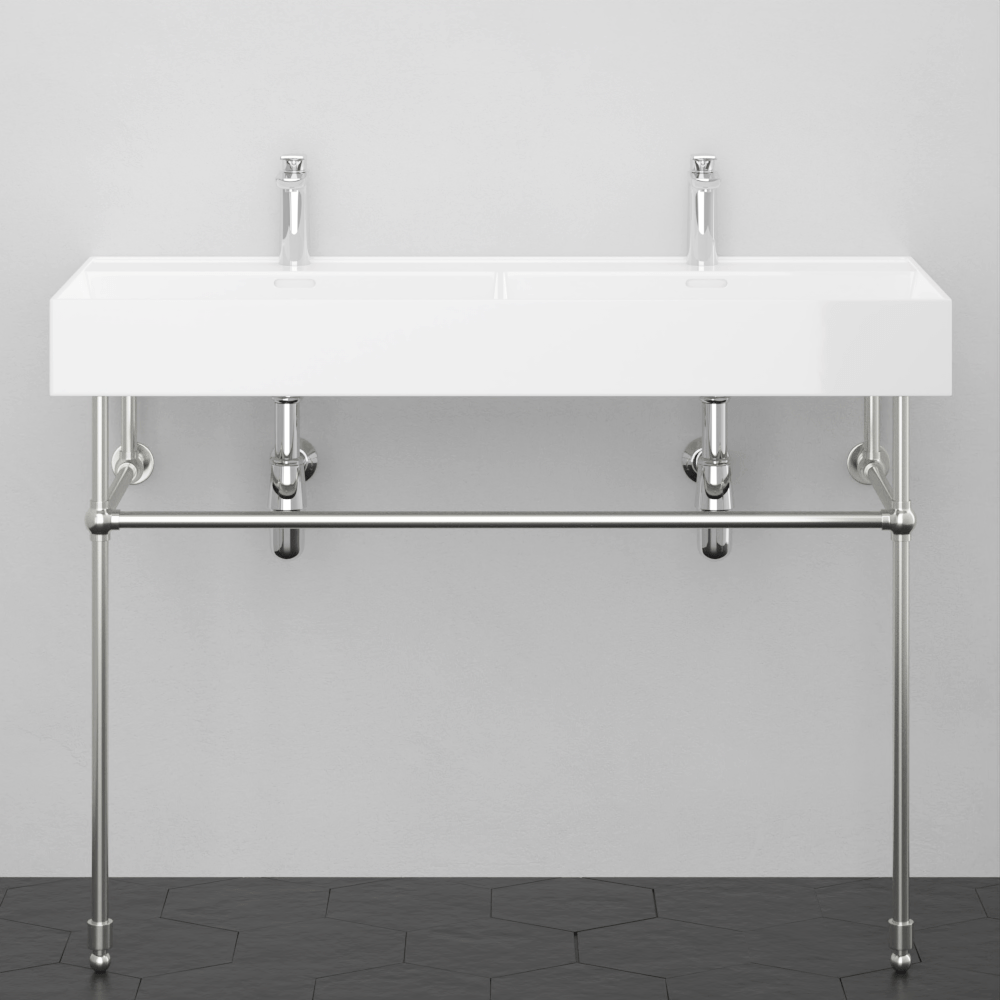 48" Wanchen Fireclay Double-Bowl Console Bathroom Sink with Steel Stand