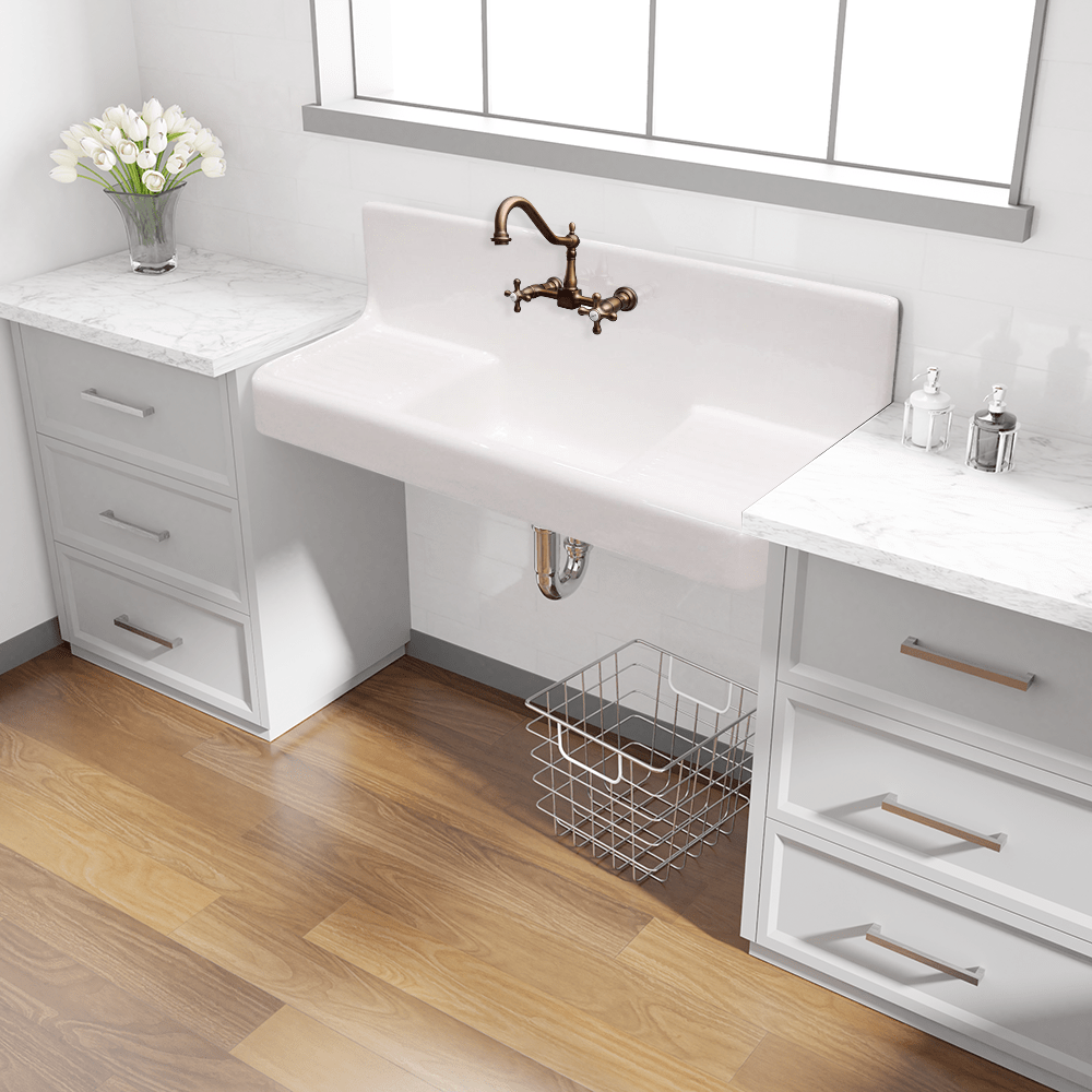 60" Ramsey Cast Iron Wall-Hung Kitchen Sink with Dual Drainboards