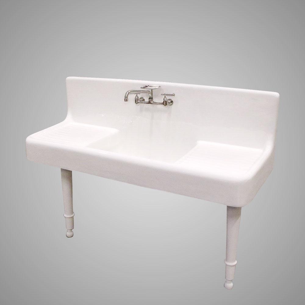 60" Sultan Cast Iron Wall-Hung Kitchen Sink with Dual Drainboards and Legs