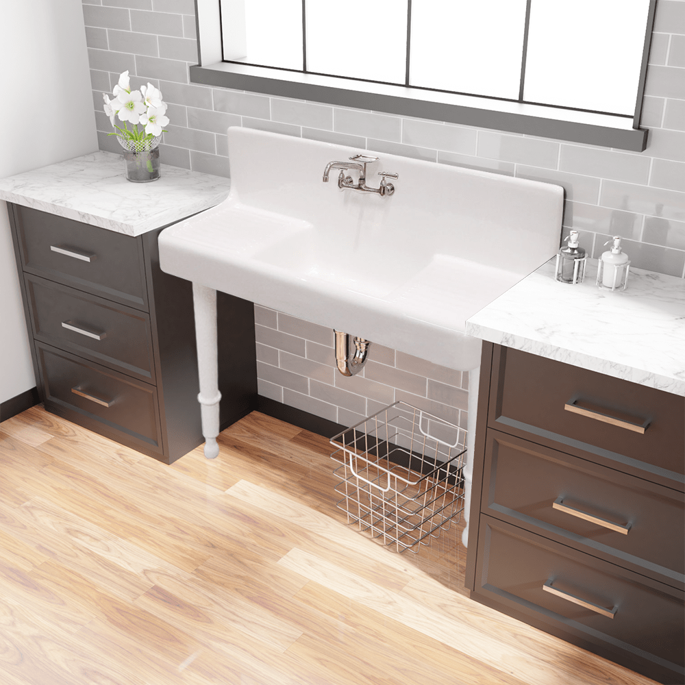 60" Sultan Cast Iron Wall-Hung Kitchen Sink with Dual Drainboards and Legs