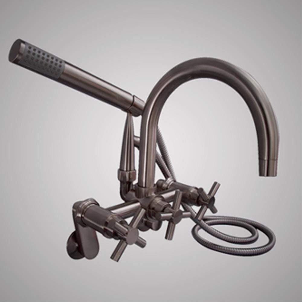 Gooseneck Wall-Mount Tub Faucet with Modern Hand Shower and Modern Cross Handles