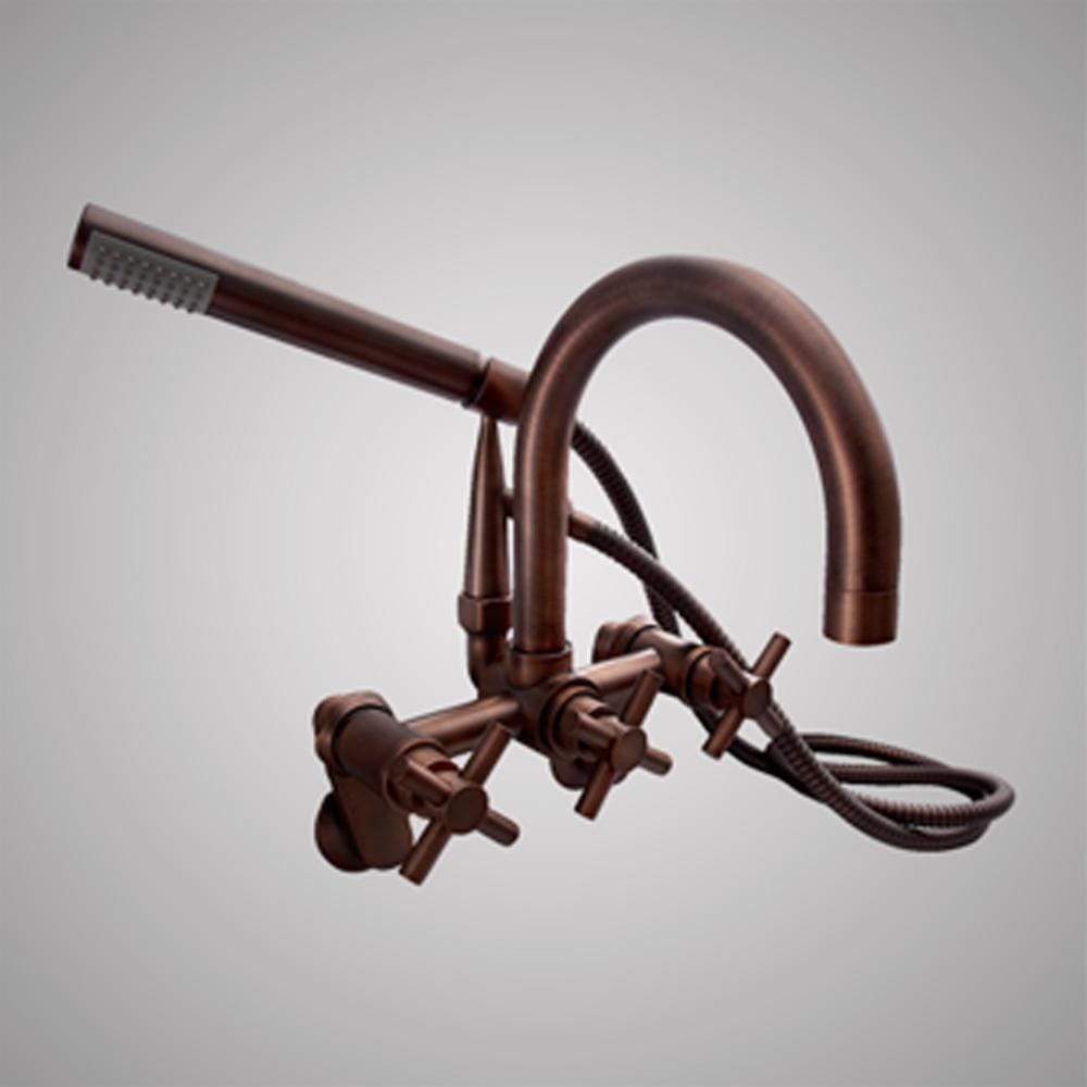 Gooseneck Wall-Mount Tub Faucet with Modern Hand Shower and Modern Cross Handles
