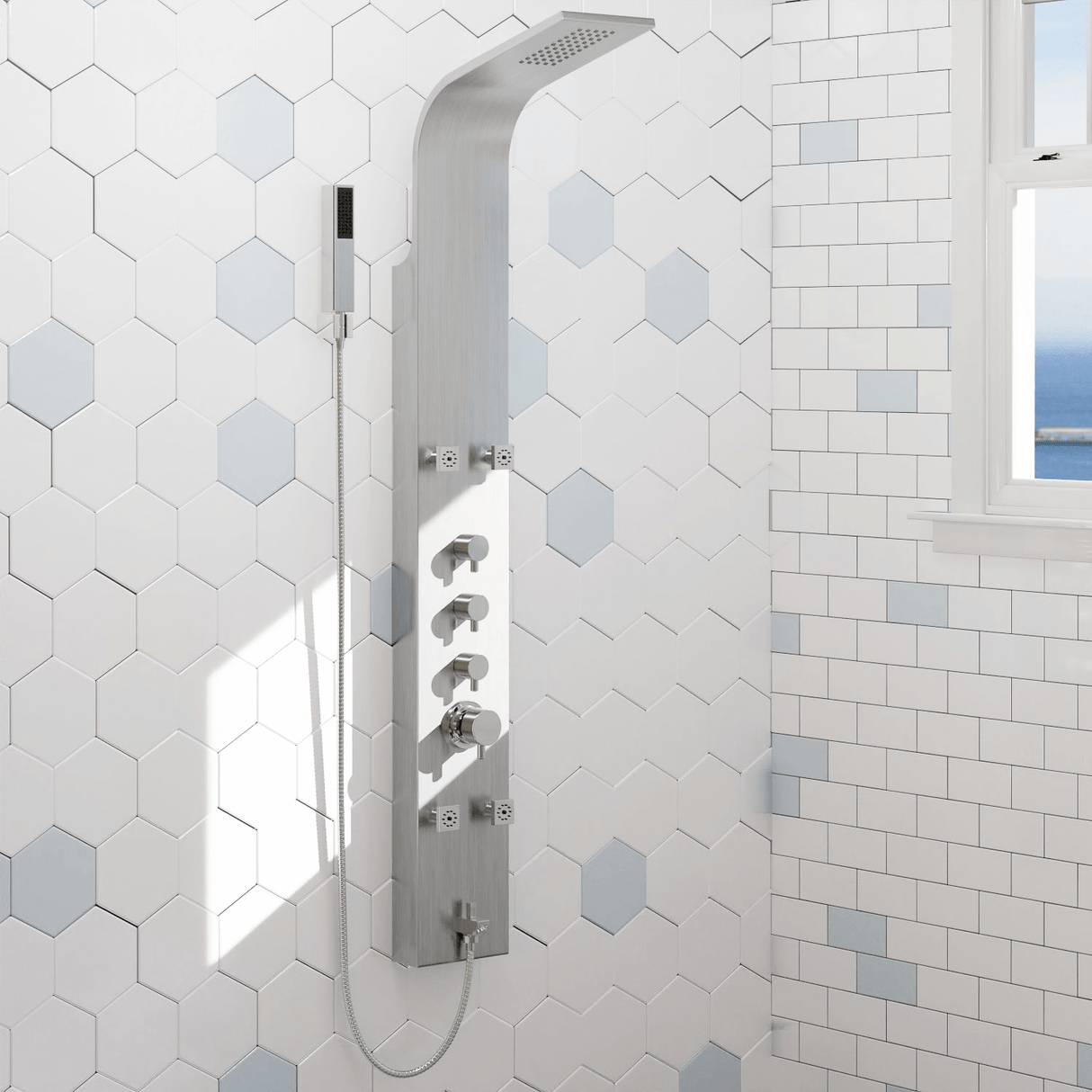 Helma Pressure Balance Stainless Steel Shower Panel with Hand Shower