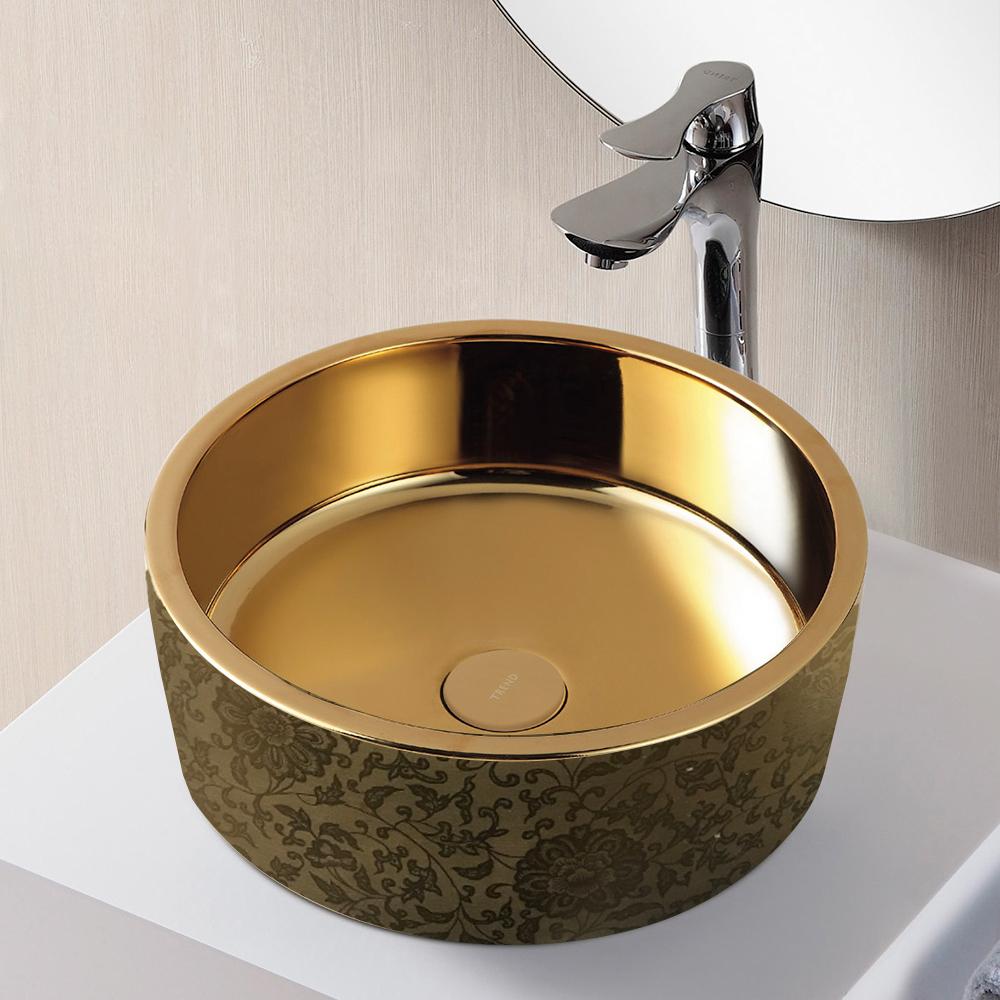Tama Vitreous China Vessel Sink - Gold with Floral Exterior Design