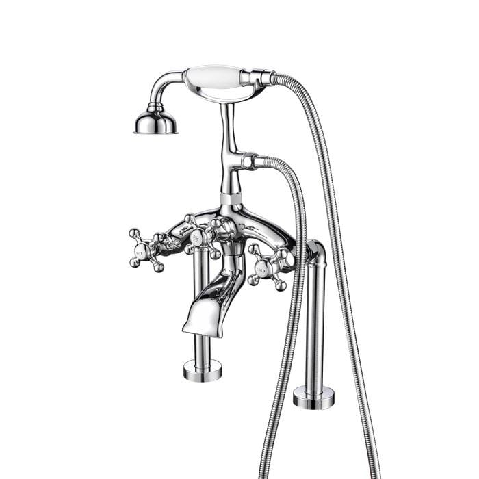 Traditional Deck-Mount Tub Faucet with Metal Hand Shower - Angular Body and Modern Couplers