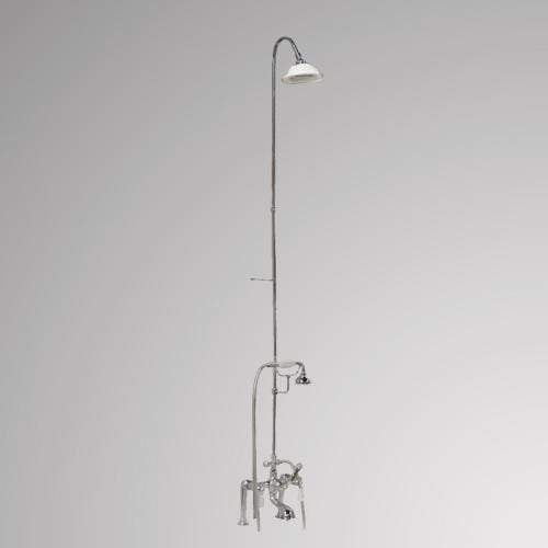 Traditional Deck-Mount Tub Faucet with Porcelain Hand Shower, Riser and Shower Head