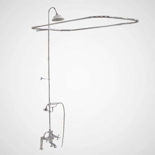 Traditional Deck-Mount Tub Faucet with Porcelain Hand Shower, Shower Rod, Riser and Shower Head