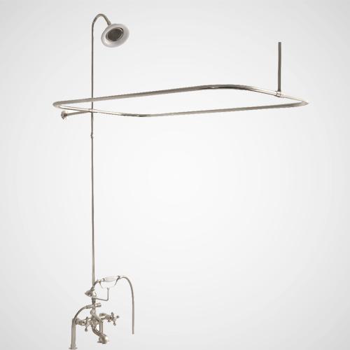 Traditional Deck-Mount Tub Faucet with Porcelain Hand Shower, Shower Rod, Riser and Shower Head