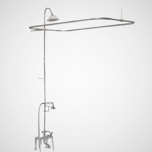 Traditional Deck-Mount Tub Faucet with Porcelain Hand Shower, Shower Rod, Riser and Shower Head