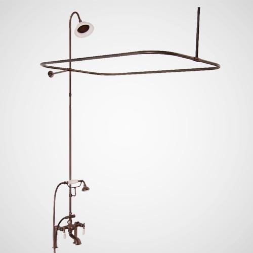 Traditional Deck-Mount Tub Faucet with Porcelain Hand Shower, Shower Rod, Riser and Shower Head