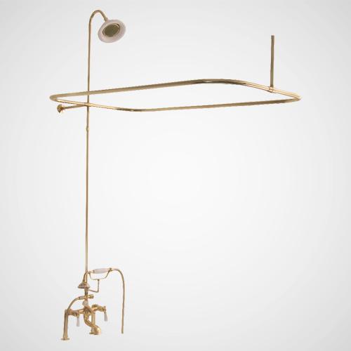 Traditional Deck-Mount Tub Faucet with Porcelain Hand Shower, Shower Rod, Riser and Shower Head