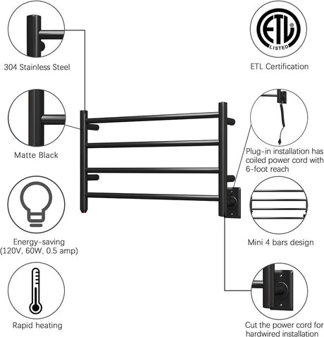 16" Tall 4 Square Bar Hardwired/Plug-in Wall-Mount Towel Warmer