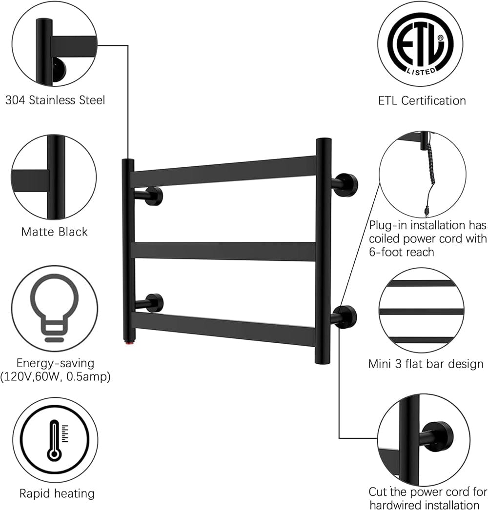 18" Tall 3 Flat Bar Wall-Mount Hard-Wiring/Plug In Towel Warmer