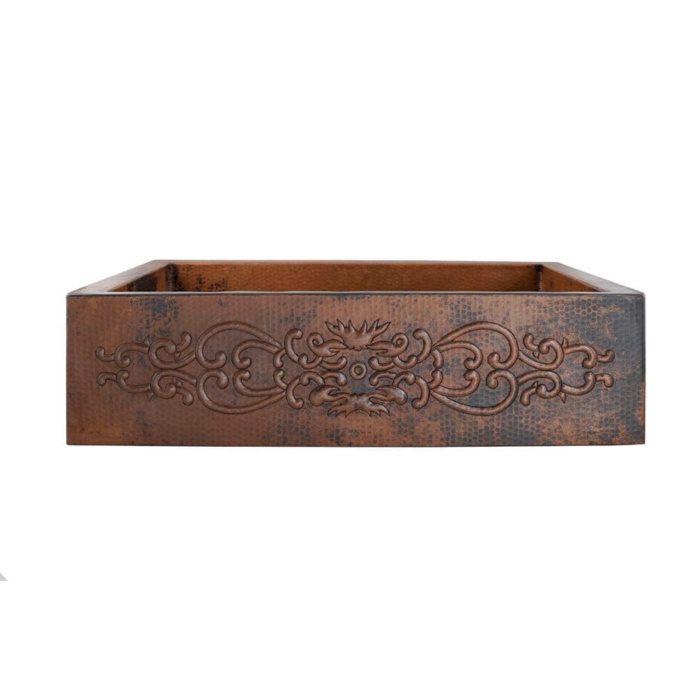 22" Bordenham Hammered Copper Single-Bowl Farmhouse Sink with Scrolled Front Apron