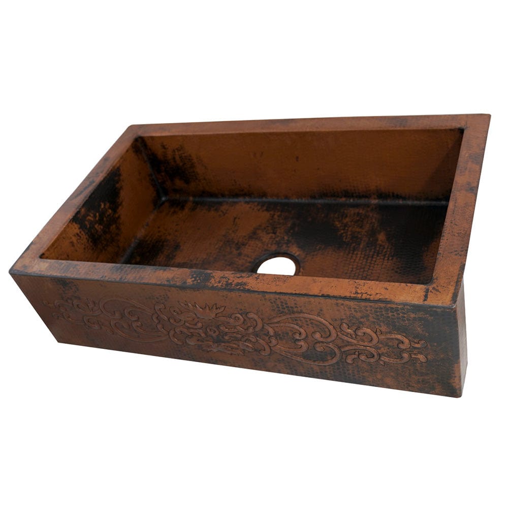 22" Bordenham Hammered Copper Single-Bowl Farmhouse Sink with Scrolled Front Apron