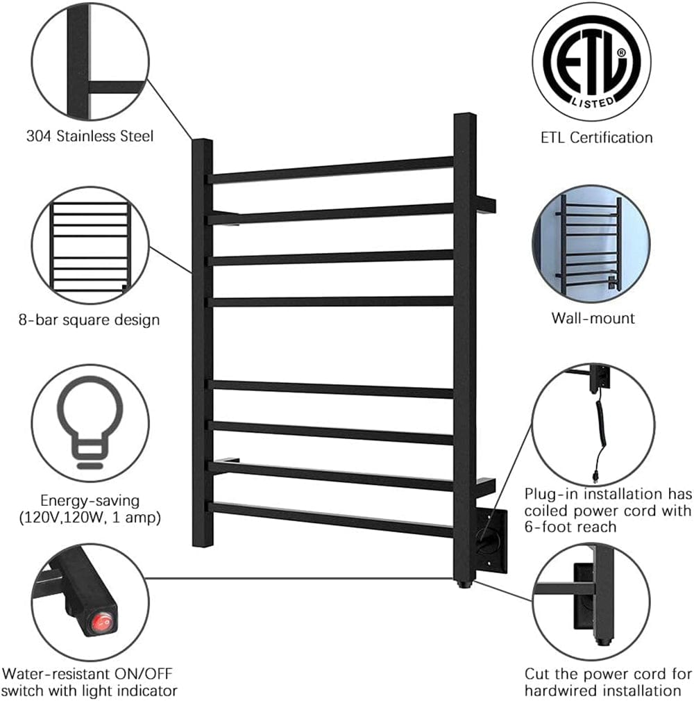 24" Tall 8 Square Bar Hardwired/Plug-in Wall-Mount Towel Warmer