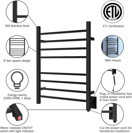 24" Tall 8 Square Bar Hardwired/Plug-in Wall-Mount Towel Warmer