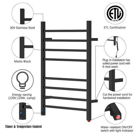 24" Tall 8 Square Bar Towel Warmer with Built-In Timer and Temperature Control Wall-Mount Plug-in/Hardwired