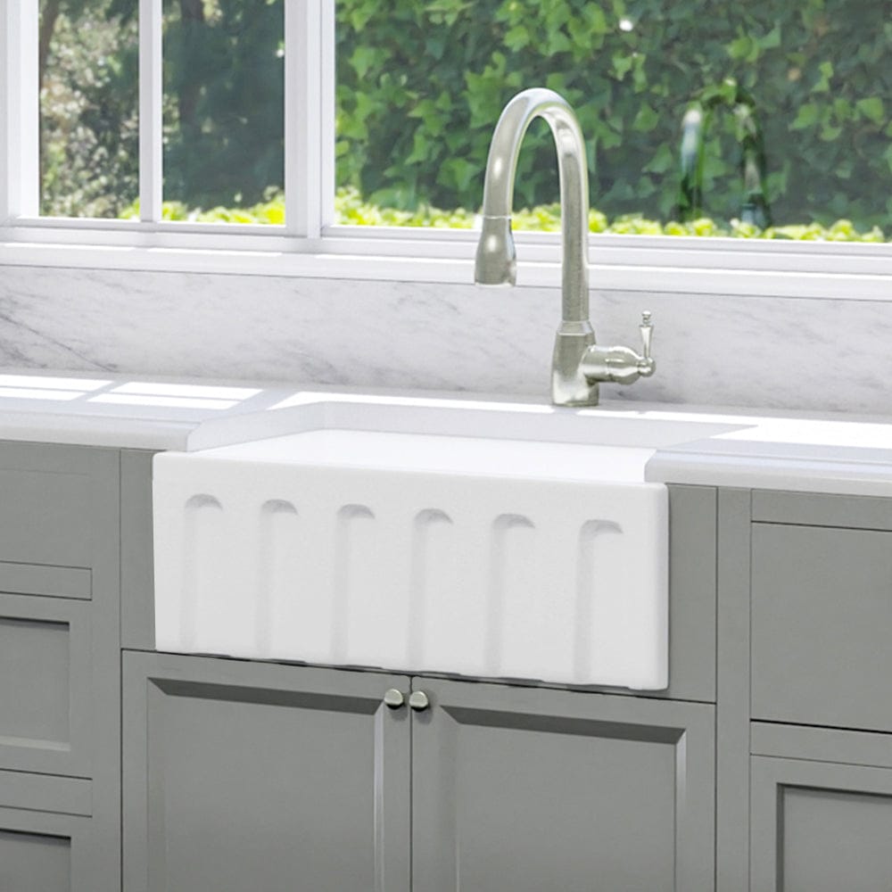 24" Yovanny Fireclay Fluted Apron Single-Bowl Farmhouse Sink - White