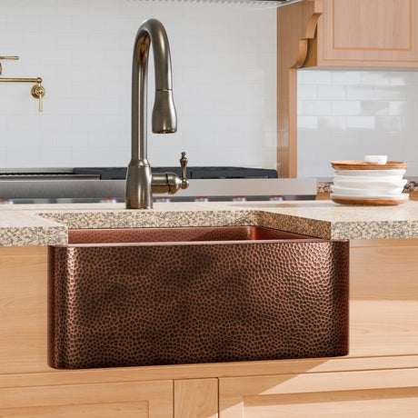 25" Verdin Single Bowl Hammered Copper Farmhouse Sink - Antique Copper Interior with Dark Copper Exterior