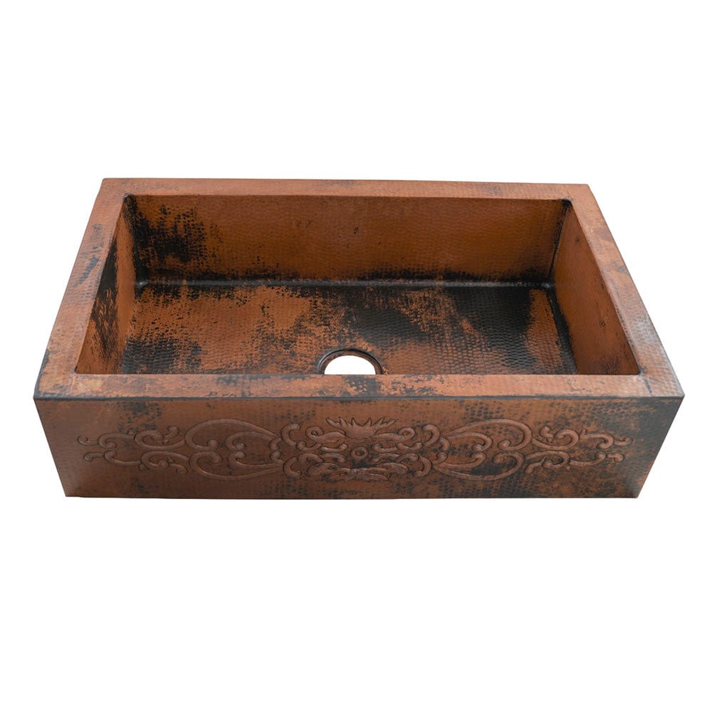 30" Bordenham Hammered Copper Single-Bowl Farmhouse Sink with Scrolled Front Apron