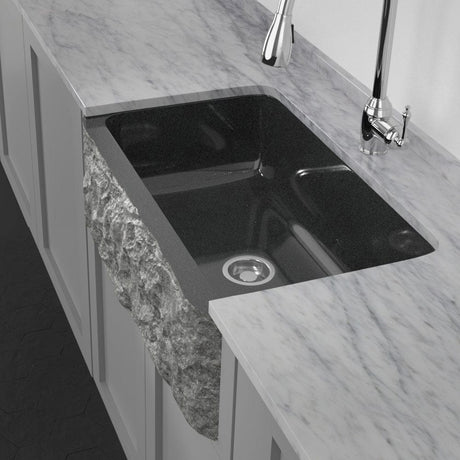 30" Buford Polished Black Granite Single-Bowl Farmhouse Sink - Chiseled Apron