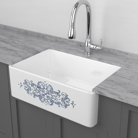 30" Fazio Handcrafted Fireclay Single-Bowl Blue Floral Motif Farmhouse B-Grade Sink - White