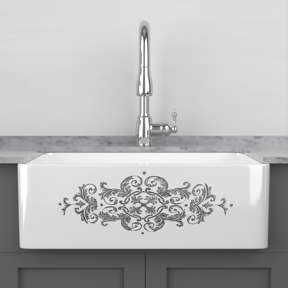 30" Fazio Handcrafted Fireclay Single-Bowl Grey Floral Motif Farmhouse B-Grade Sink - White