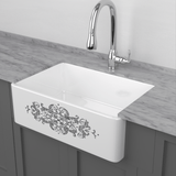 30" Fazio Handcrafted Fireclay Single-Bowl Grey Floral Motif Farmhouse B-Grade Sink - White