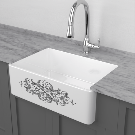 30" Fazio Handcrafted Fireclay Single-Bowl Grey Floral Motif Farmhouse B-Grade Sink - White