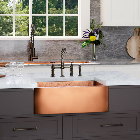 30" Geneva Smooth Copper Single-Bowl Farmhouse Sink with Hammered Interior