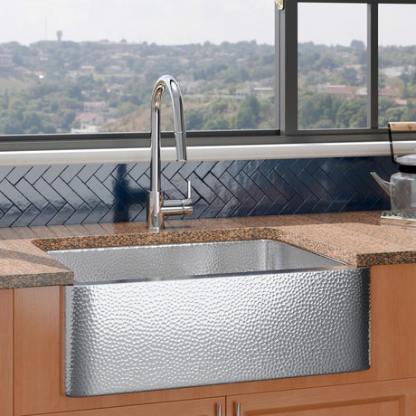 30" Higbee Stainless Steel Farmhouse Sink - Polished Hammered Steel