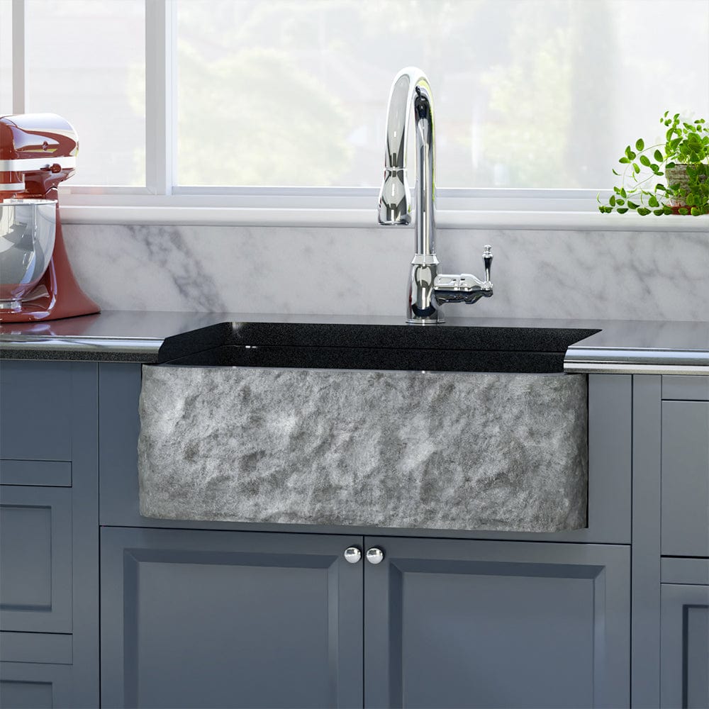 30" Kennesaw Polished Blue Gray Granite Single-Bowl Farmhouse Sink - Chiseled Apron