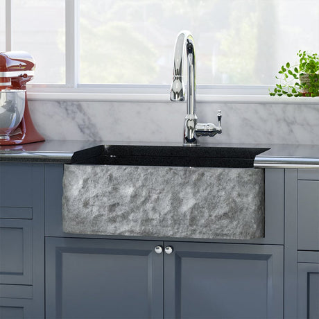 30" Kennesaw Polished Blue Gray Granite Single-Bowl Farmhouse Sink - Chiseled Apron